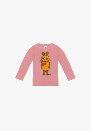 Pink long-sleeve children's shirt featuring a cartoon orange mouse with a neutral expression and one hand raised to its chin.