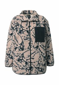 Fleeceová bunda světle růžové barvy s tmavě modrým abstraktním vzorem. Disponuje černou kapsou na zip a límcem. Měkká textura a volný střih.