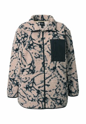 Fleeceová bunda světle růžové barvy s tmavě modrým abstraktním vzorem. Disponuje černou kapsou na zip a límcem. Měkká textura a volný střih.