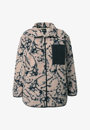 Veste en polaire rose clair avec un motif abstrait bleu foncé. Comprend une poche zippée noire et un col. Texture douce et coupe décontractée.