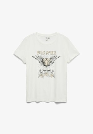 T-shirt blanc en coton avec un imprimé graphique représentant un cœur avec des ailes, des roses, et le texte "WILD SPIRIT" et "FOREVER & ALWAYS".