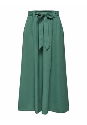 Jupe midi taille haute en vert doux avec ceinture nouée, plis à la taille et silhouette évasée en ligne A.