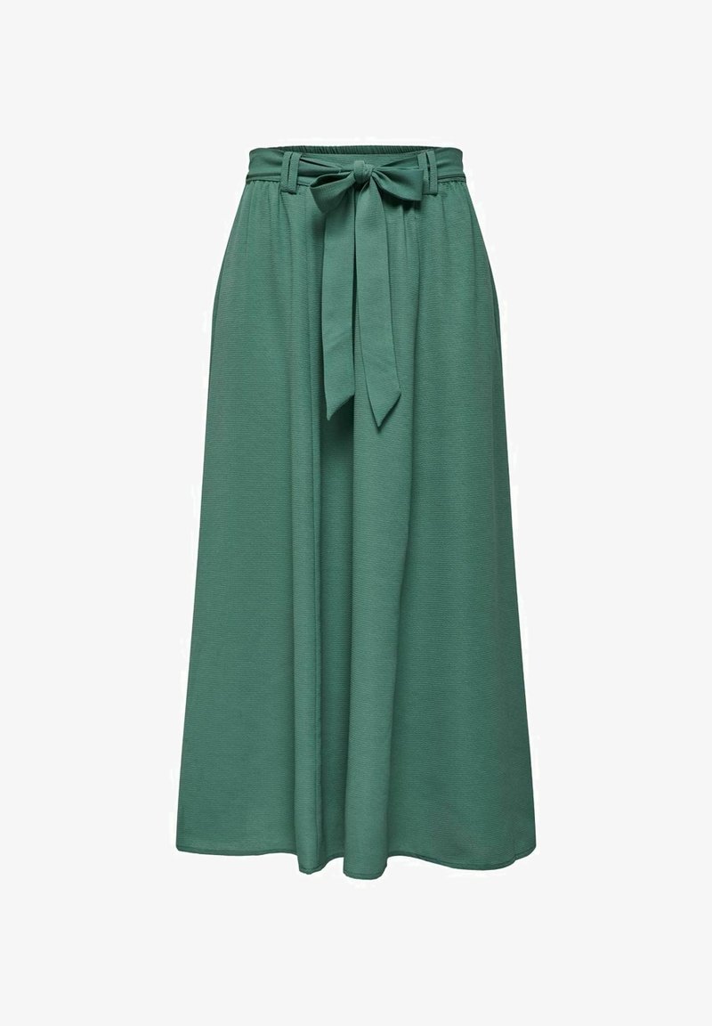 Jupe midi taille haute en vert doux avec ceinture nouée, plis à la taille et silhouette évasée en ligne A.