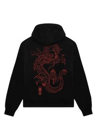 Sweat à capuche noir avec un design brodé rouge d'un dragon oriental avec des griffes et des moustaches, accompagné de deux caractères chinois près du bas.