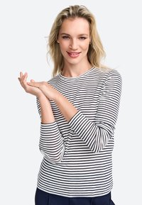 Langärmliges gestreiftes Oberteil in Weiß und Marineblau, mit Rundhalsausschnitt und taillierter Silhouette, aus einem weichen, leichten Material gefertigt.