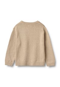 Maglione a maglia beige con scollo rotondo, maniche lunghe e polsini e orlo a costine. Presenta una texture liscia con un design semplice.