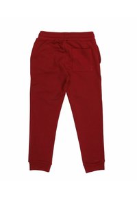 Rote Jogginghosen mit weicher Textur, elastischem Bund und einer einzelnen Gesäßtasche. Bündchen am Saum und einfarbig ohne zusätzliche Muster.