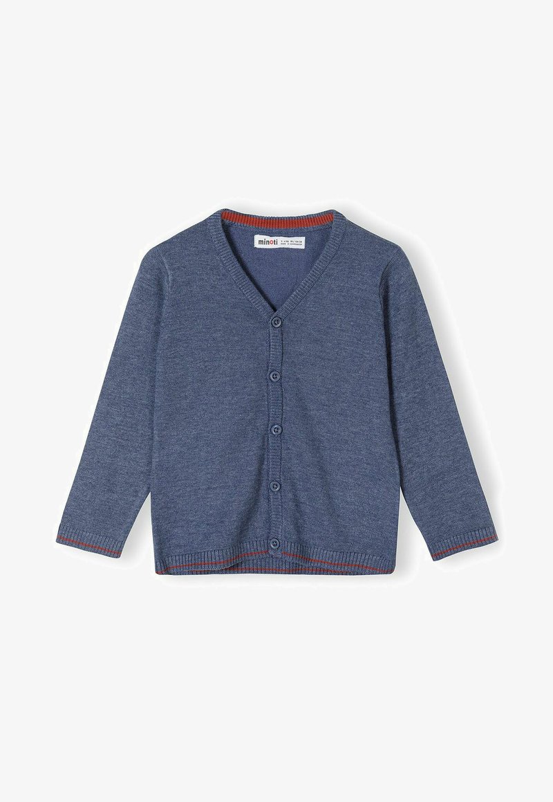 Cardigan tricoté bleu marine avec un col en V, des manches longues et cinq boutons. Comprend des accents rouges au col et à l'ourlet.