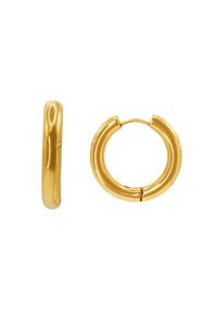 Boucles d'oreilles en or avec une surface lisse et polie, fermeture sans couture, forme arrondie et épaisseur moyenne.