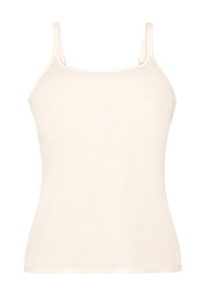 Cream-colored sleeveless women's camisole top with thin shoulder straps and a straight neckline.