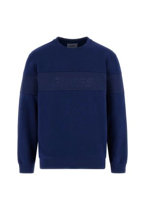 Donkerblauwe sweatshirt met lange mouwen, textuurgevend gaas paneel over de borst en een ronde halslijn. Bevat subtiele branding aan de voorkant.