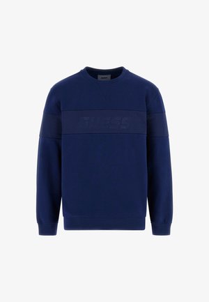 Felpa blu navy con maniche lunghe, pannello in rete testurizzato sulla parte anteriore e scollatura rotonda. Presenta un logo discreto sul davanti.