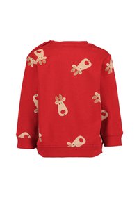 Felpa rossa con un motivo ripetuto di volti di renna beige, scollo rotondo e polsini a costine. Si chiude sulla spalla.