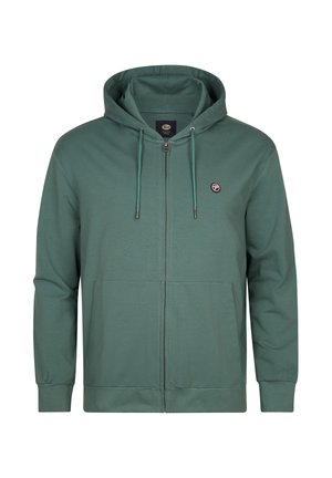 Felpa con cappuccio verde con cerniera, realizzata in tessuto morbido, con tasca a marsupio frontale, cappuccio regolabile con coulisse e un piccolo logo sul petto.
