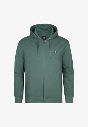 Groene hoodie met ritssluiting, gemaakt van zacht materiaal, met een kangeroezak aan de voorkant, verstelbare capuchon met trekkoord en een klein logo op de borst.