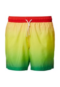 Zwemshorts voor heren met een verloop van geel naar groen, een rode elastische tailleband en een witte trekkoord, gemaakt van gladde stof en zonder zakken.