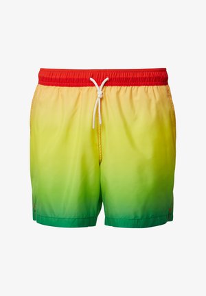 Maillots de bain pour hommes avec un dégradé allant du jaune au vert, une taille élastique rouge et un cordon blanc, en tissu lisse et sans poches.