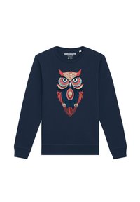 Sweat-shirt marine avec un design graphique de hibou coloré présentant des motifs et des détails complexes, col rond et manches longues.