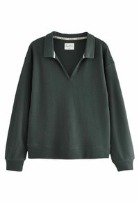 Pull-over vert foncé à manches longues avec large col, encolure en V ouverte, tissu texturé, et poignets et ourlet côtelés.