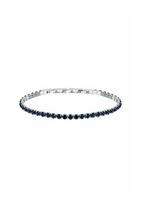 Braccialetto argento con una fila di pietre blu tonde incastonate in un design flessibile. Pietre scintillanti si alternano a link in metallo lucidato.