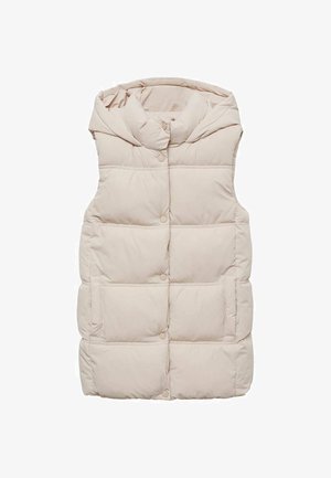 Beige vadderad väst med huva, med horisontella quiltade sektioner, tryckknappar och sidofickor. Mjuk, slät textur.