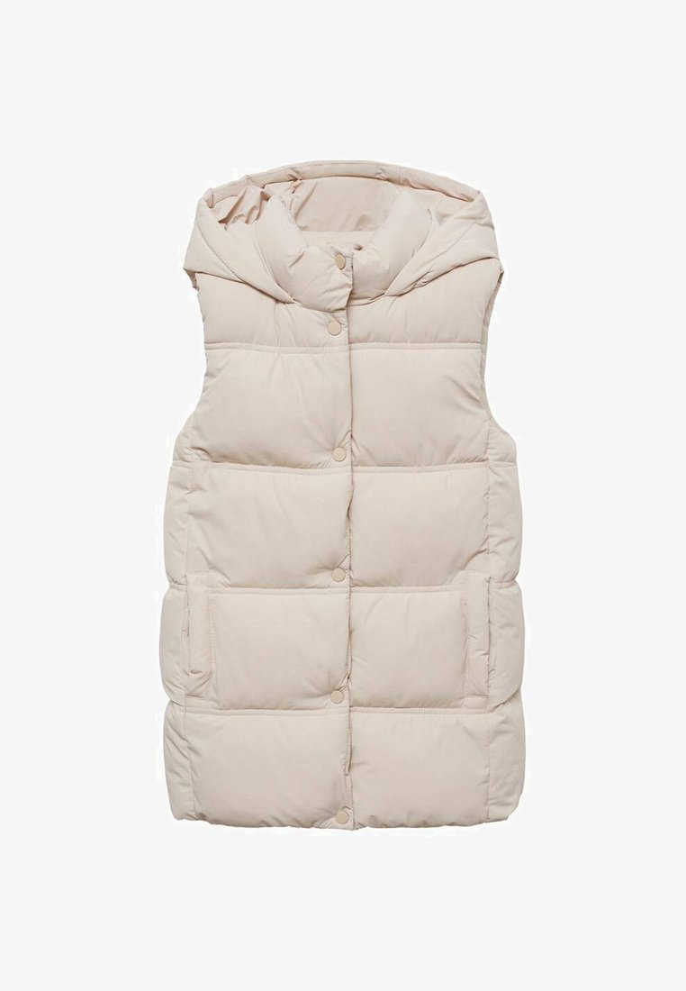 Bežna podložena brezrokavnik s kapuco, ki ima vodoravne kvadratne odseke, zaponke na pritisek in stranske žepe. Mehka, gladka tekstura.