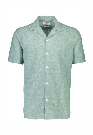 Korte mouwen shirt van lichtgroene, gestructureerde stof, met een rechte kraag en vijf witte knopen aan de voorkant.