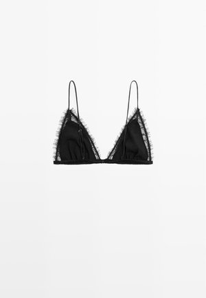 Bralette triangolare nero con sottili spalline regolabili e delicata bordatura in pizzo lungo i bordi, posato disteso su sfondo bianco.