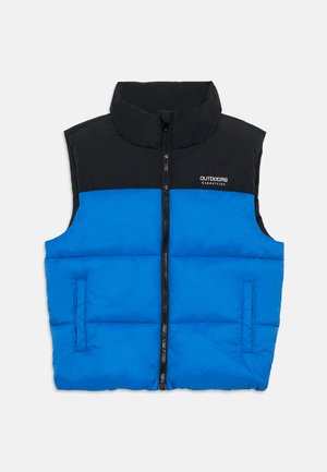 Blå og svart jakkevest i puffstil, polstret med høy krage, full glidelås foran og synlige sømmer. Har et "OUTDOORS Expedition"-logo.
