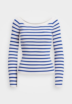 Maglietta a maniche lunghe a righe con scollo ampio. Presenta righe orizzontali blu e bianche, una texture a coste e una silhouette aderente.