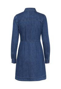 Denim dress with long sleeves, collar, and cinched waist. Back view shows a simple design, sturdy fabric, and buttoned cuffs. Dark blue color.
