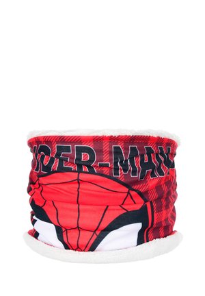 Roter Halswärmer mit Spider-Man-Grafik; verfügt über ein flauschiges, weißes Innenfutter und schwarze Akzente, gestaltet mit einem karrierten Muster.