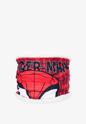 Rode nekwarmer met Spider-Man graphic; heeft een fuzzy witte binnenvoering en zwarte accenten, ontworpen met een geruit patroon.