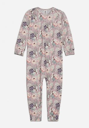 Tutina per neonati a maniche lunghe con motivo floreale rosa e viola, bottoni a pressione lungo le gambe e scollo rotondo.