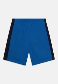 Bermudas deportivas azules hechas de un material liso y ligero. Paneles laterales en color marino, cinturilla elástica y sin hardware o patrones visibles.