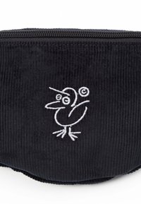 Schwarzes Kordstofftäschchen mit einem weißen gestickten Vogelmotiv. Verfügt über einen Reißverschluss und eine gerippte Textur. Kompakte und runde Form.