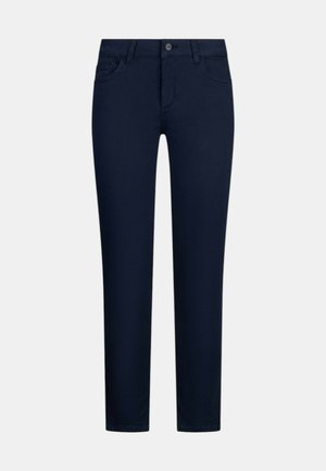 Jeans slim-fit blu navy con chiusura frontale a bottoni e zip, passanti per cintura e tasche, mostrati su sfondo neutro.