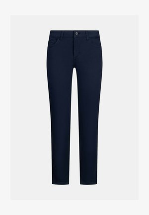 Jeans slim-fit blu navy con chiusura frontale a bottoni e zip, passanti per cintura e tasche, mostrati su sfondo neutro.