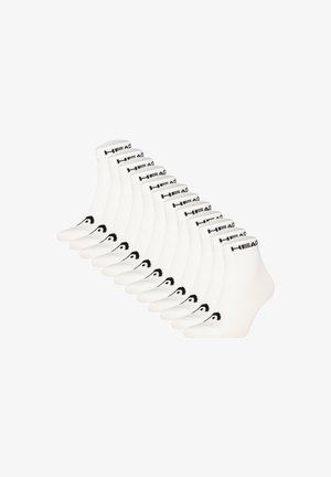 Weiße Knöchelsocken mit einem schwarzen Logoband und geschwungenen grafischen Akzenten. Verkauft im Zehnerpack, aus weichem, dehnbarem Material.