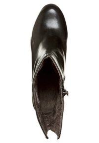 Czarne skórzane botki za kostkę o gładkim wykończeniu, zaokrąglonym nosku i miękkiej szarej podszewce; wyposażone w boczny zamek błyskawiczny dla łatwego zakładania.