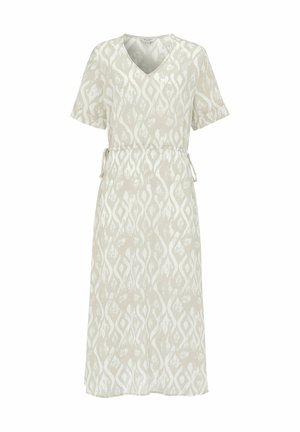 Beige midi kjole med korte ærmer med hvidt abstrakt mønster, V-udskæring og justerbare bånd i siden ved taljen.