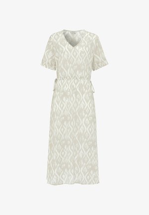 Beige short-sleeve midi dress with white abstract pattern, V-neckline, and adjustable side ties at the waist.