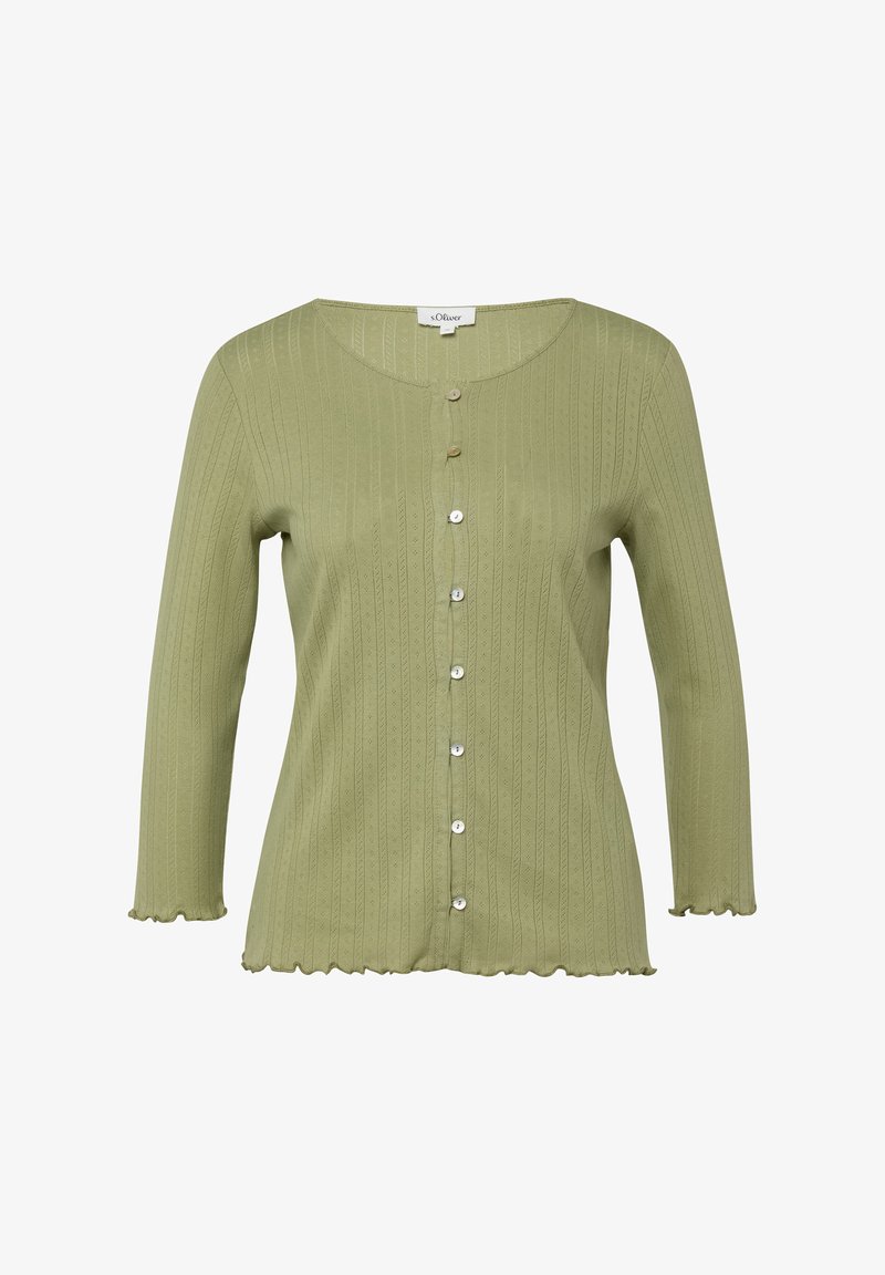 Jasnozielony damski kardigan z pionowymi, teksturowanymi paskami, okrągłym dekoltem, siedmioma guzikami z przodu, rękawami 3/4 oraz falbanami na dole i mankietach.