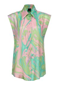 Camicia in satin con colletto a punta, caratterizzata da un motivo astratto verde pastello e rosa, maniche corte e chiusura frontale con bottoni.