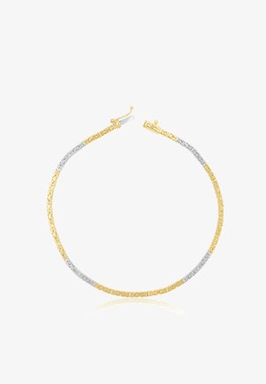 Bracciale in filo di oro e argento intrecciato con motivi intricati; progettato con una chiusura a moschettone e una finitura liscia e lucida.