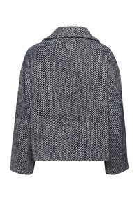 Cropped jakna s herringbone vzorcem v črno-beli barvi, širokimi rokavi in ravnim ovratnikom, prikazana s hrbtne strani na beli podlagi.