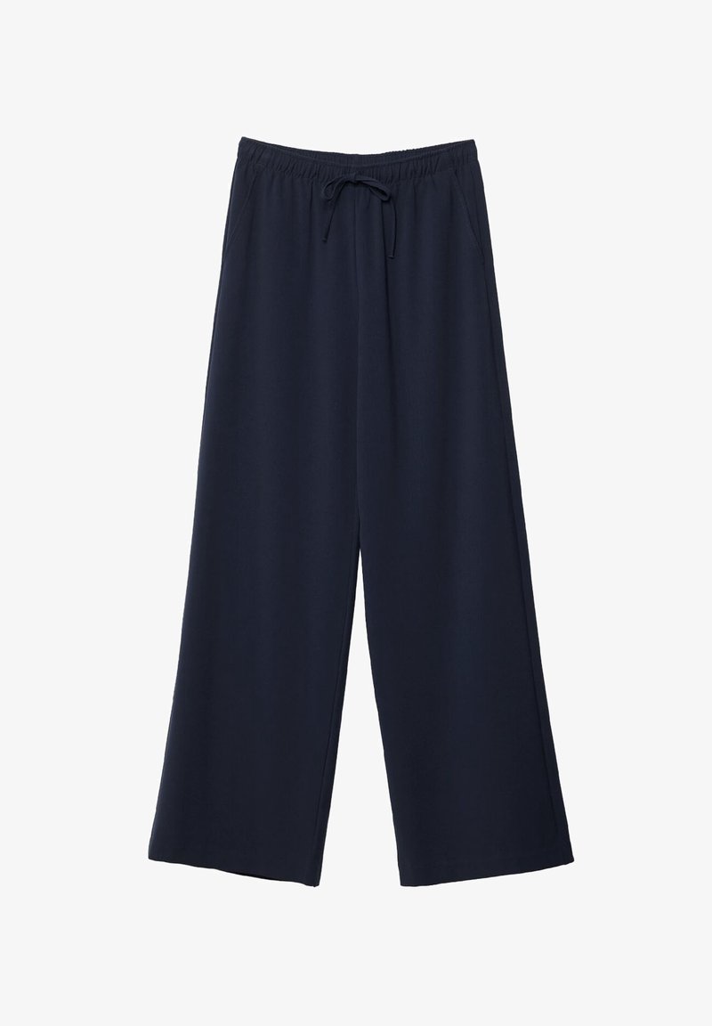 Pantalon bleu marine ample avec jambes larges, taille élastique et cordon de serrage à l'avant.