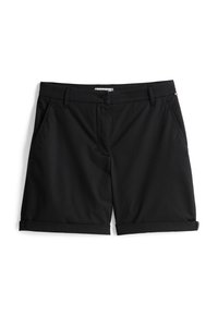 Sorte, knælange shorts lavet af blødt stof med knaplukning, to sidelommer og oprullede manchetter. Minimalistisk design uden mønstre.