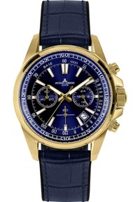 Goldfarbene Chronographuhr mit blauem Zifferblatt, weißen Stundenmarkierungen und einem dunkelblauen Lederarmband mit Krokodilprägung.