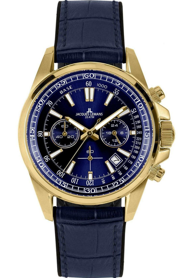 Goldfarbene Chronographuhr mit blauem Zifferblatt, weißen Stundenmarkierungen und einem dunkelblauen Lederarmband mit Krokodilprägung.